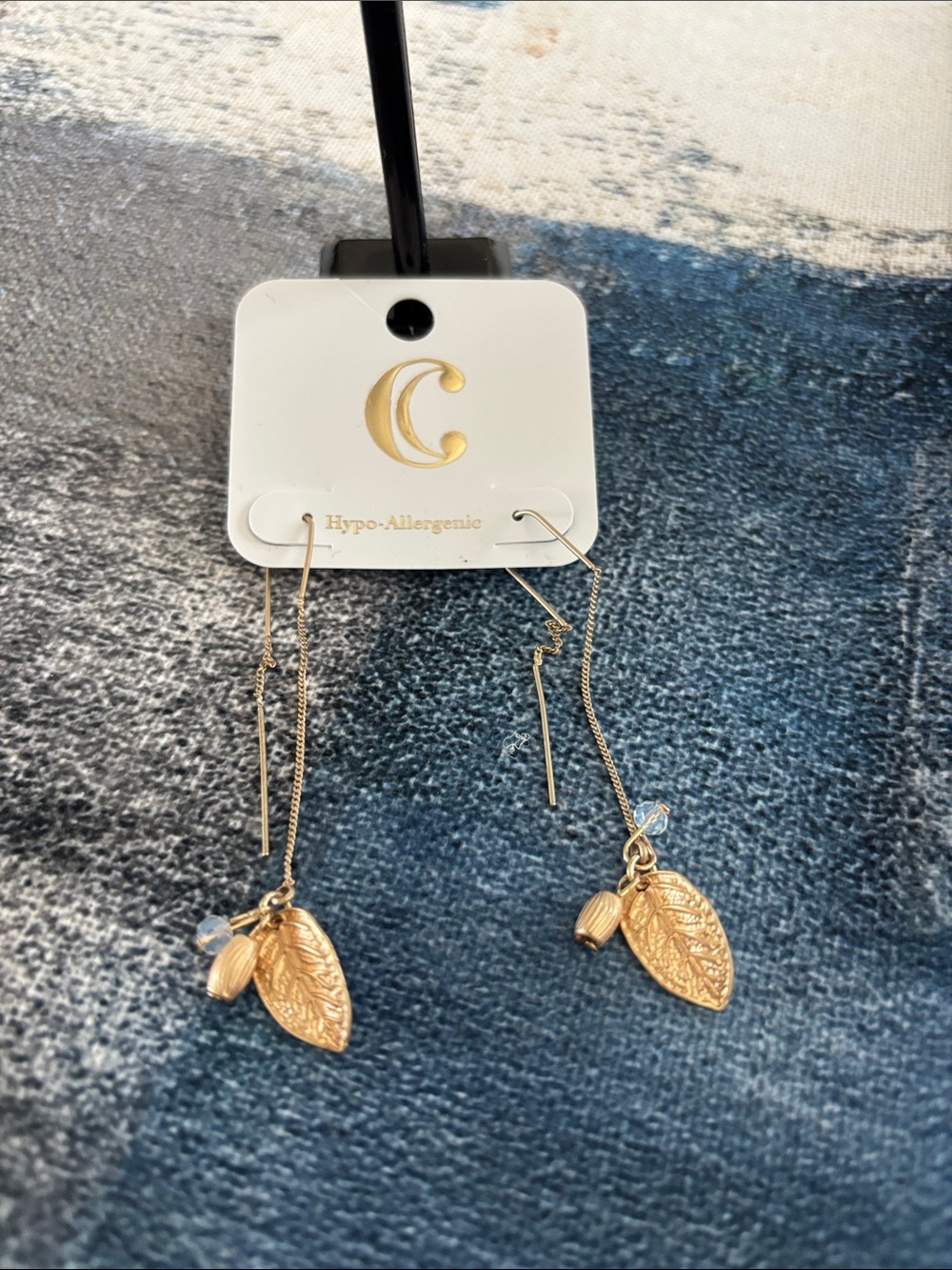 delicates Gold Leaf Threader Earrings with Crystal and Bead Charms